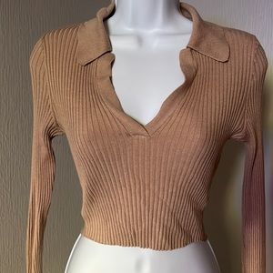 Ribbed nude long sleeve collar shirt 🤎